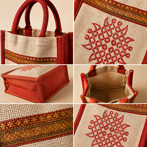 Embroidered Jute Tote Bag with Ethnic Pattern