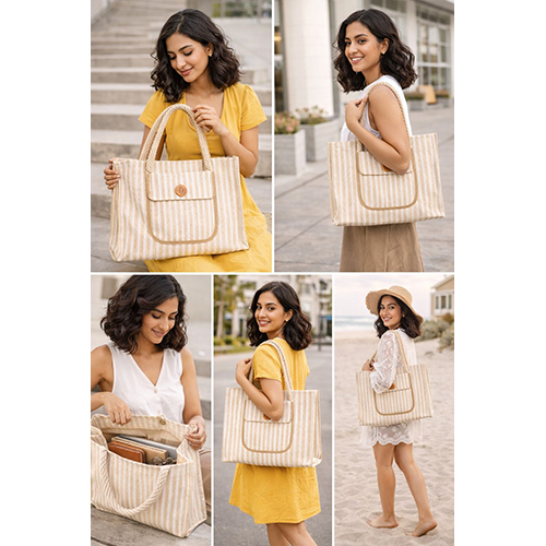 Striped Jute Canvas Tote Bag With Inner Pocket - Reusable Shopping Bag - Capacity: 18 Kg