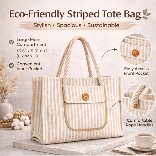 Striped Jute Canvas Tote Bag with Inner Pocket - Reusable Shopping Bag