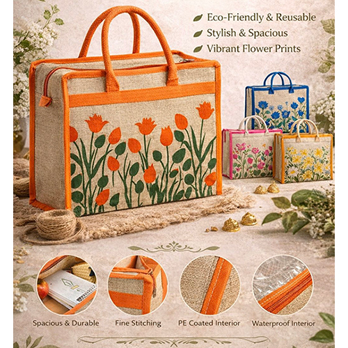 Floral Printed Jute Tote Handbag With Zipper - Capacity: 17 Ltr