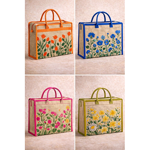 Floral Printed Jute Tote Handbag with Zipper