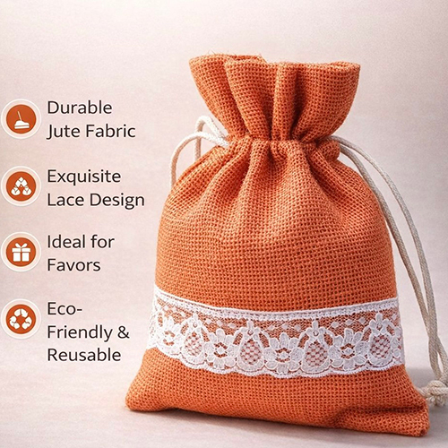 Jute Drawstring Potli Gift Bag with Lace Trim