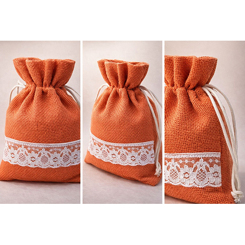 Jute Drawstring Potli Gift Bag with Lace Trim