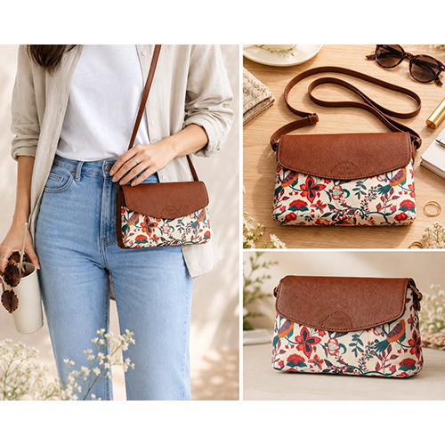 Leather Canvas Floral Print Sling Bag