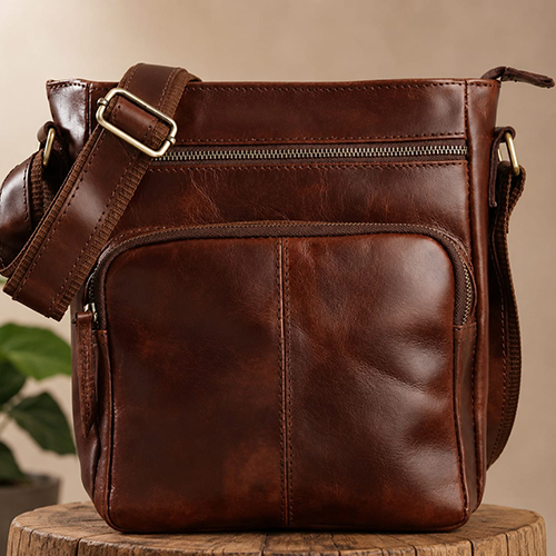 Vintage Brown Leather Messenger Crossbody Bag - Coating Type: Protective Wax Finish