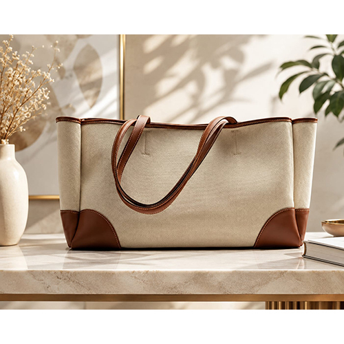 Premium Jute And Canvas Handbag With Leather Trims - Color: Multicolour