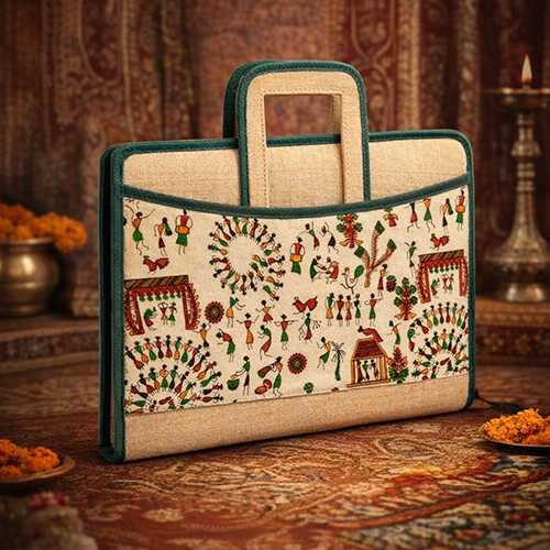 Printed Cotton-Jute Laptop And Document Sleeve Bag - Material: Jute