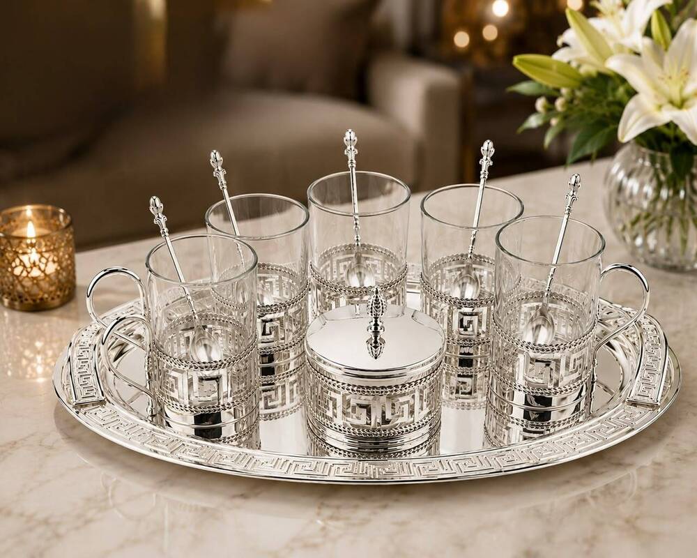 German Silver Versace-Style Tea Set with Tray
