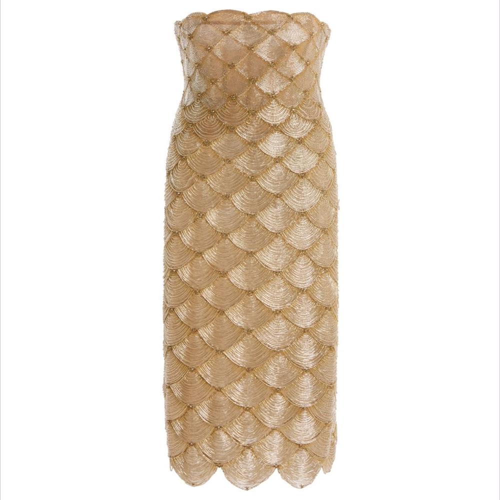 Luxury Gold Beaded Handwork Strapless Evening Gown
