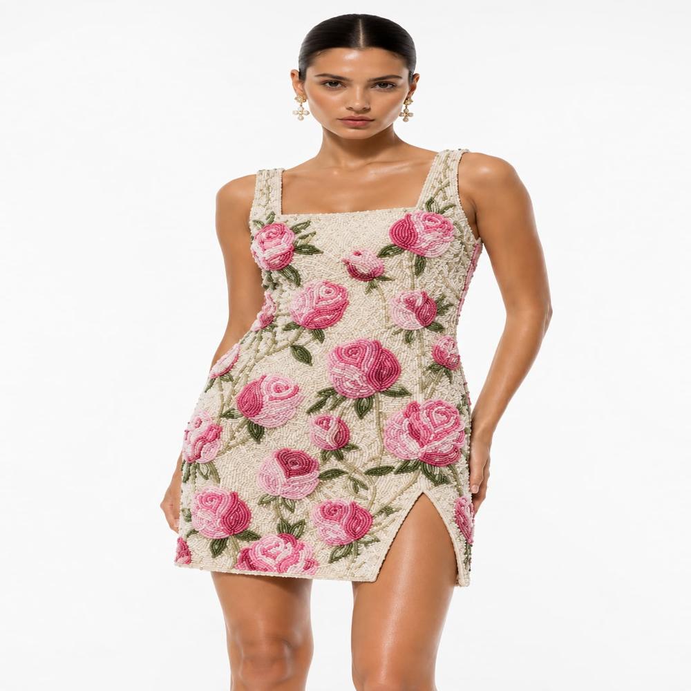 Luxury Pink Floral Beaded Handwork Mini Dress