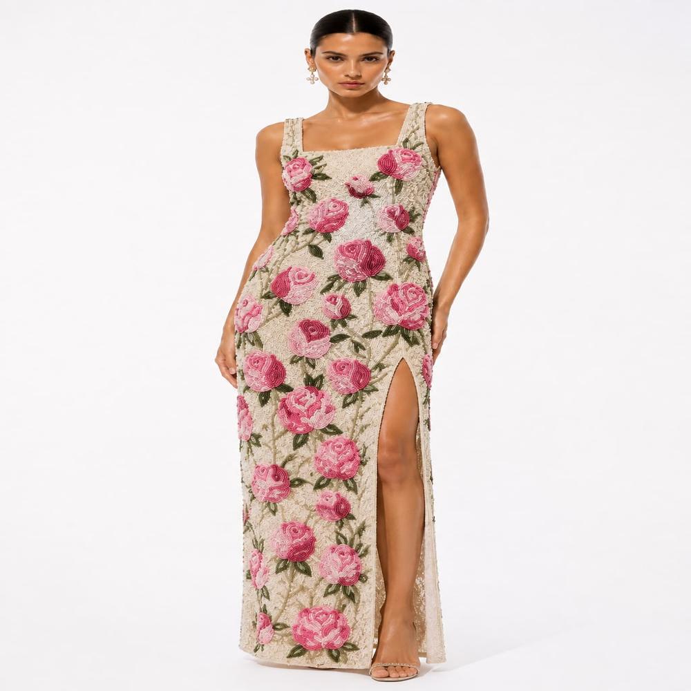 Luxury Pink Rose Beaded Handwork Full Length Evening Gown