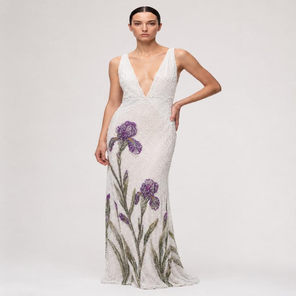 Luxury White Iris Beaded Handwork Evening Gown - Bust Size: Customizable Centimeter (Cm)