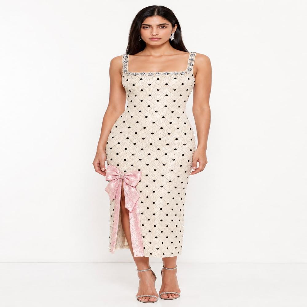 Luxury White Beaded Bow Embellished Midi Dress