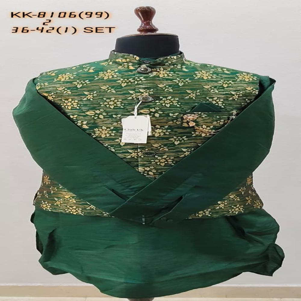 Mens Floral Kurta Koti Set With Botanical Print - Color: Green