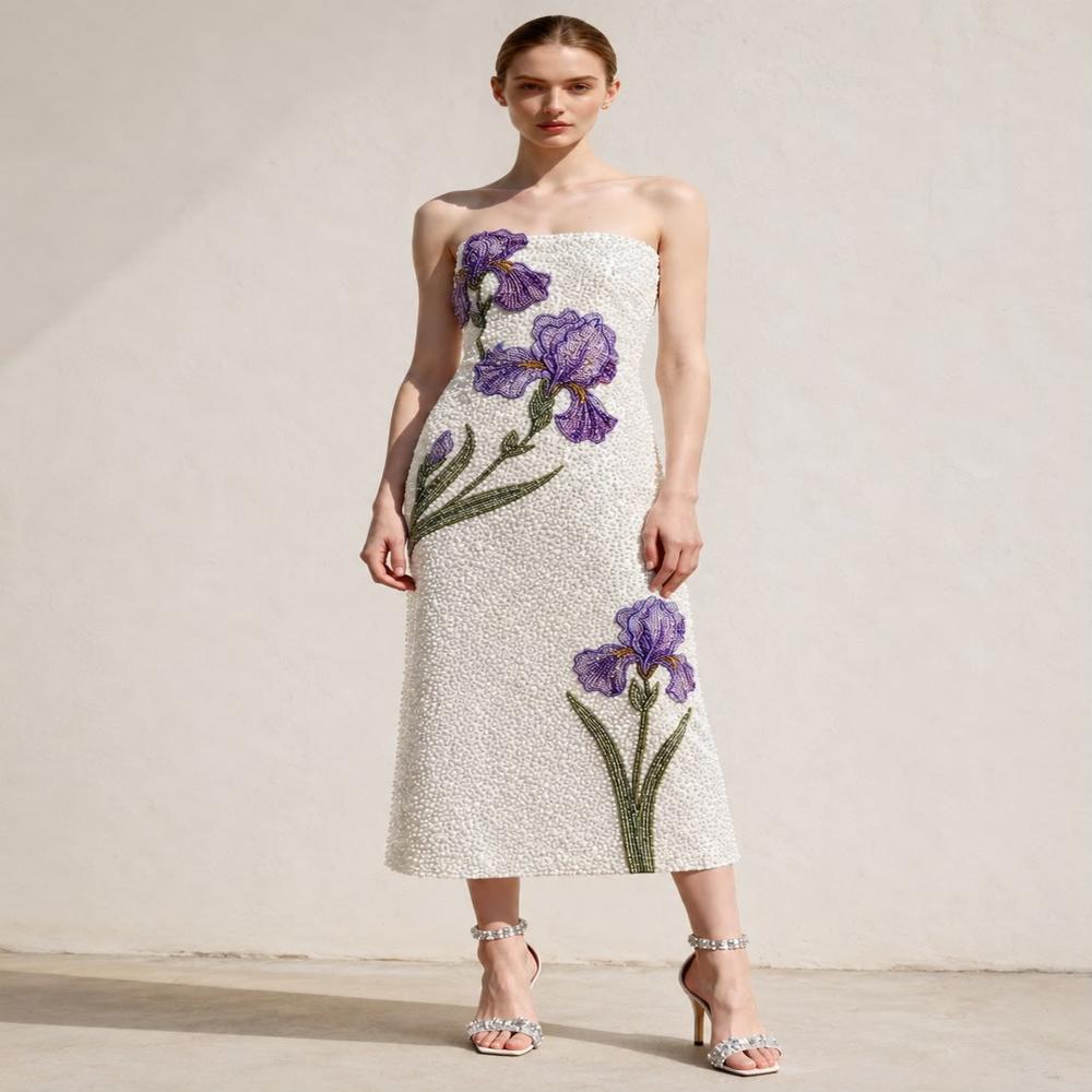 Luxury White Beaded Floral Embroidered Strapless Midi Dress