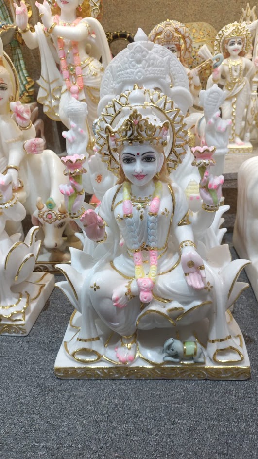 Marble Laxmi Statue - Exquisite Hand-carved Design | Serene Spiritual Elegance, 12 Inches Tall, Intricate Detailing