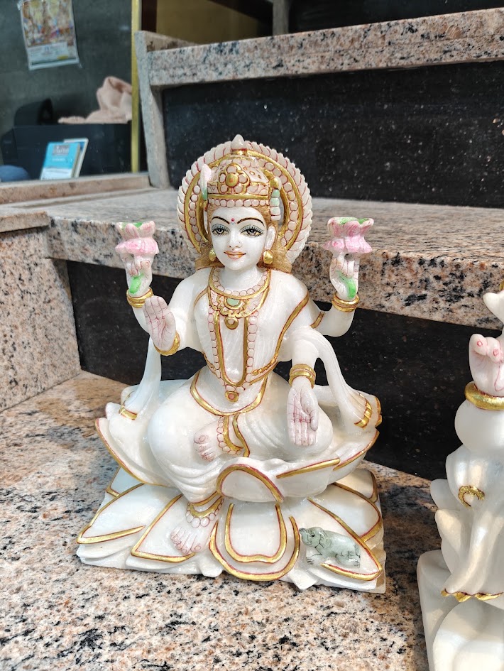Marble Laxmi Statue - Exquisite Hand-carved Design | Serene Spiritual Elegance, 12 Inches Tall, Intricate Detailing
