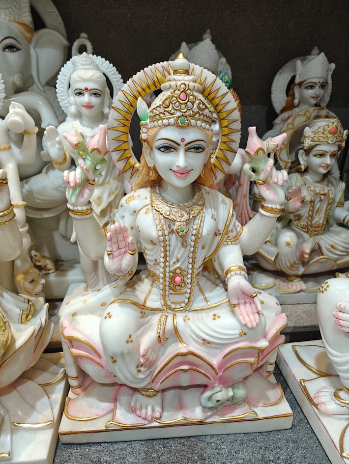 Marble Laxmi Statue - Exquisite Hand-carved Design | Serene Spiritual Elegance, 12 Inches Tall, Intricate Detailing