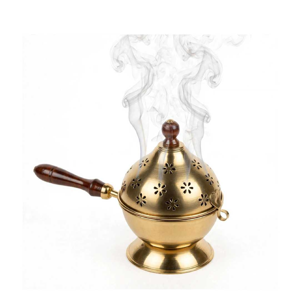 Premium Metal Loban Dhoop Dani Burner With Wooden Handle Iron Incense Holder (Black) - Color: Gold