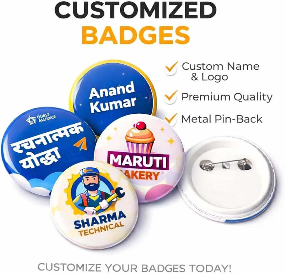 Customized Badges - Brass Zinc Alloy Metal, Custom Size, Multicolor, Glossy Matt Antique Finish, Safety Pin Butterfly Clutch Magnet Attachments, Eco-friendly Durable Rust-proof
