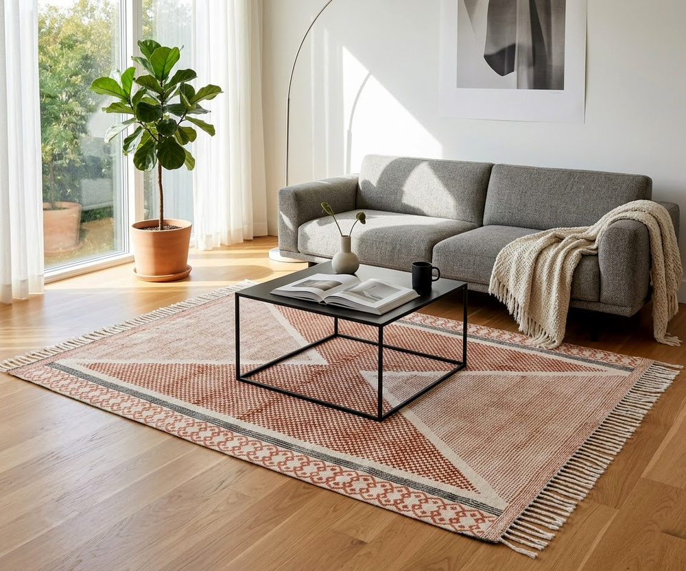 RTH18 Hand Block Printed Indian Flatweave Rug