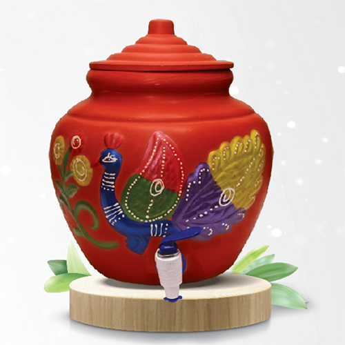 12 Ltr Small Peacock Printed Red Clay Water Pot