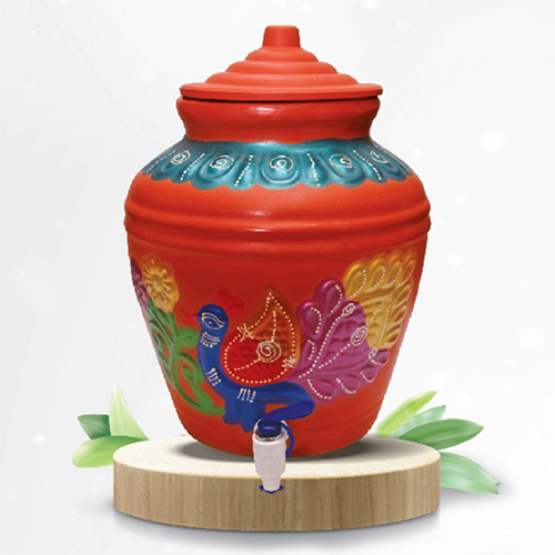 15 Ltr Big Peacock Printed Red Clay Water Pot