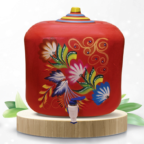 17 Ltr Flower Printed Square Red Clay Water Pot