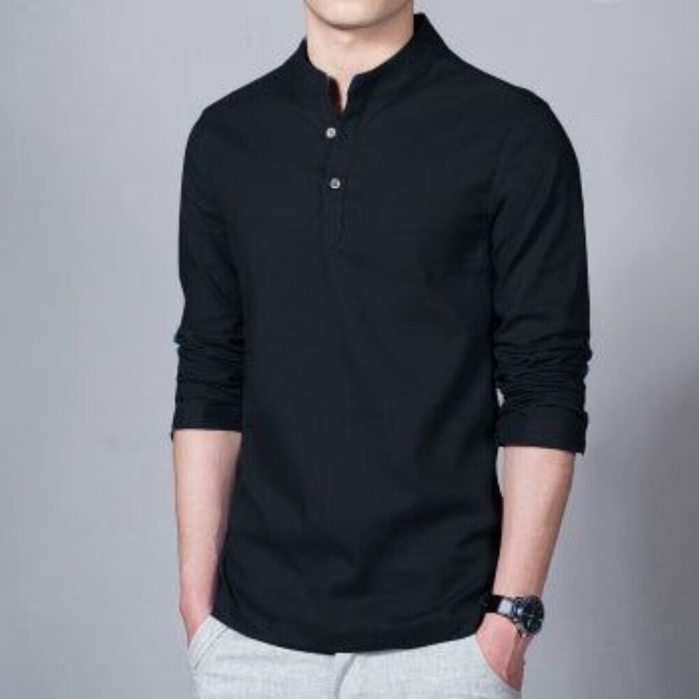Mens Chinese Collar Pure Cotton black Casual Shirt