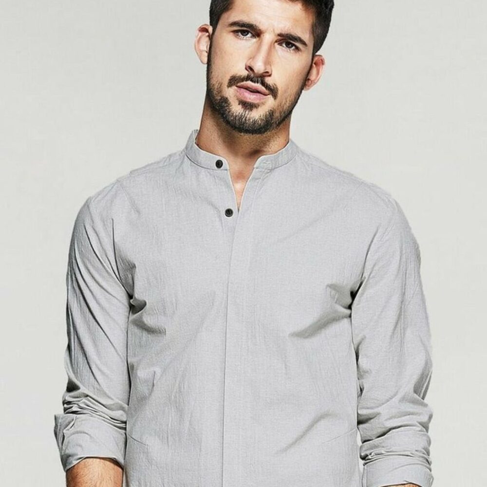 Mens Chinese Collar Grey Cotton Casual Shirt