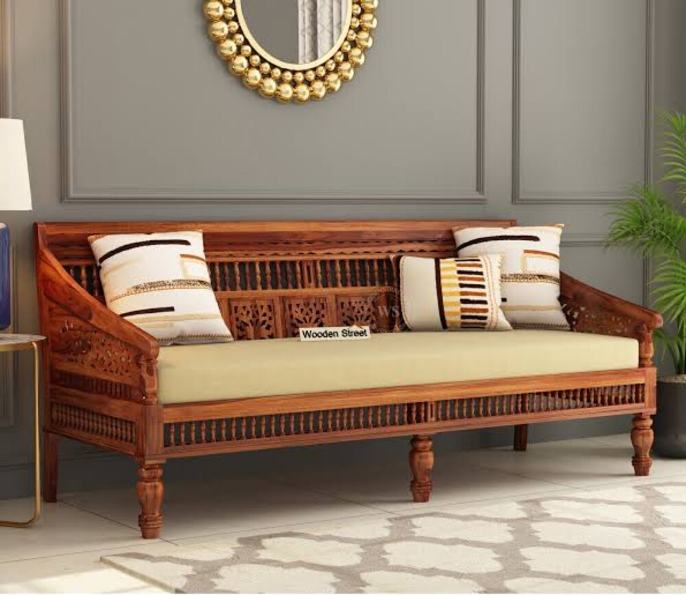 3 Seater Sofa - Color: Dark Green/olive Green With Patterned Design