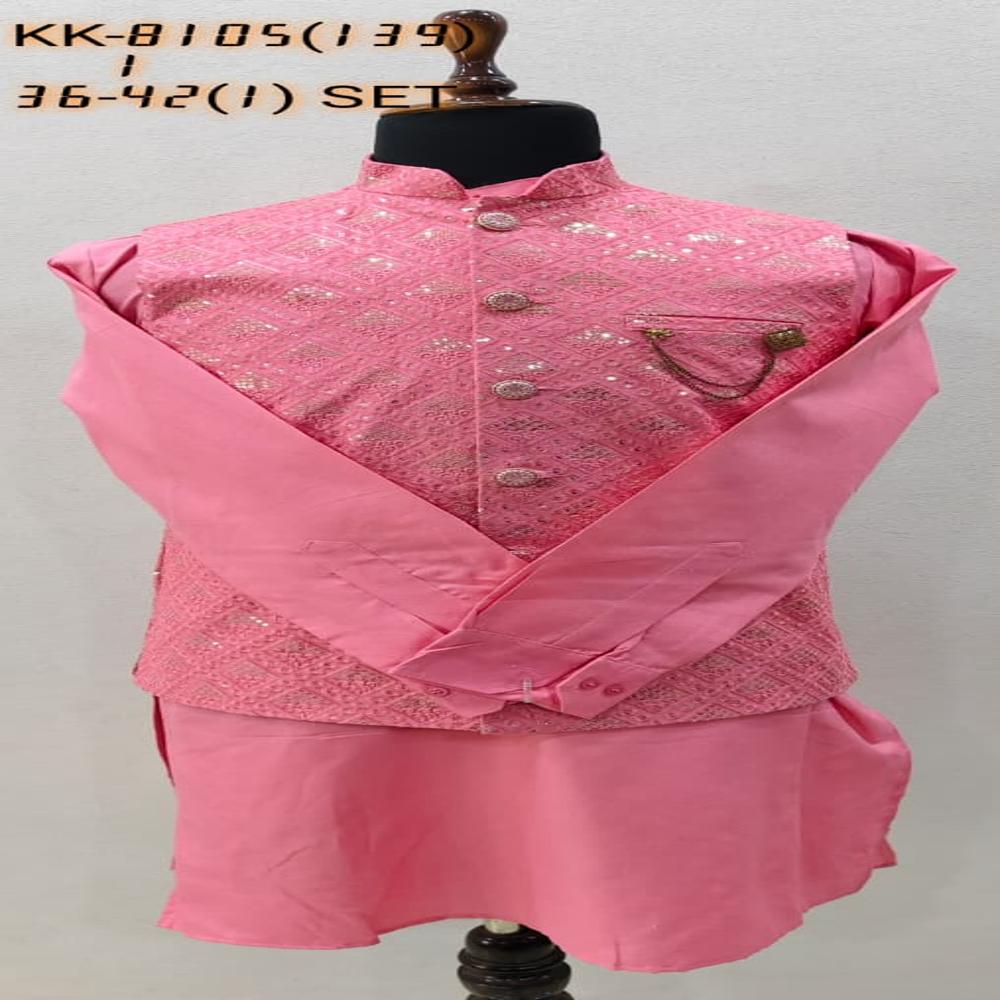 Mens Pink Embellished Kurta Koti Set