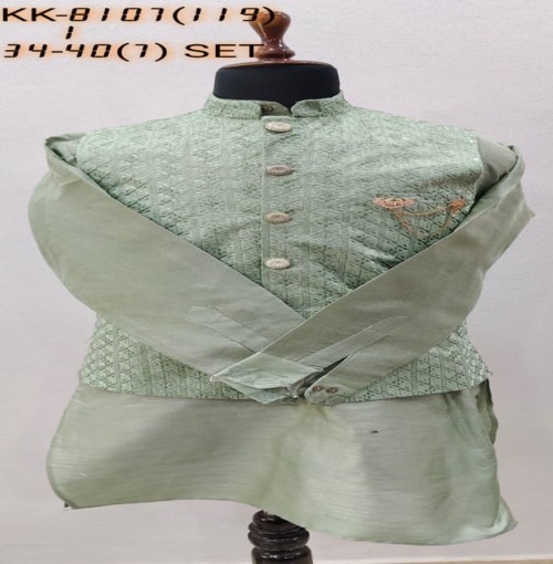 Mens Mint Green Textured Kurta Koti Set