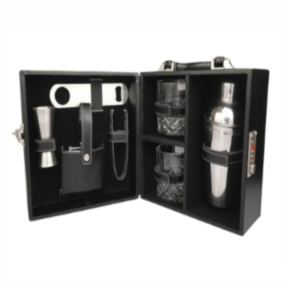 Black Leather Brief Case With 2 Glass - Material: Stainless Steel