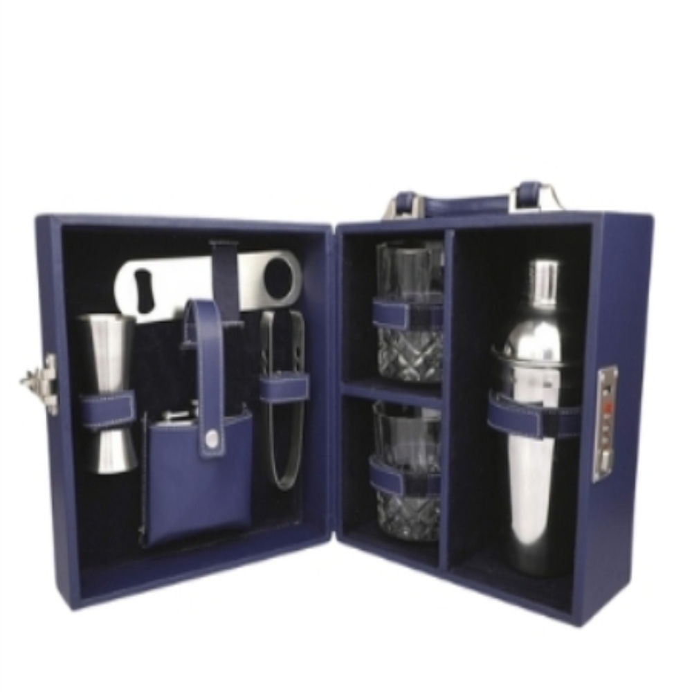 Black Leather Brief Case With 2 Glass - Color: Navy Blue & Silver