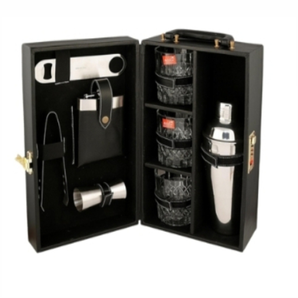 Black Leather Brief Case With 3 Glasses - Material: Stainless Steel