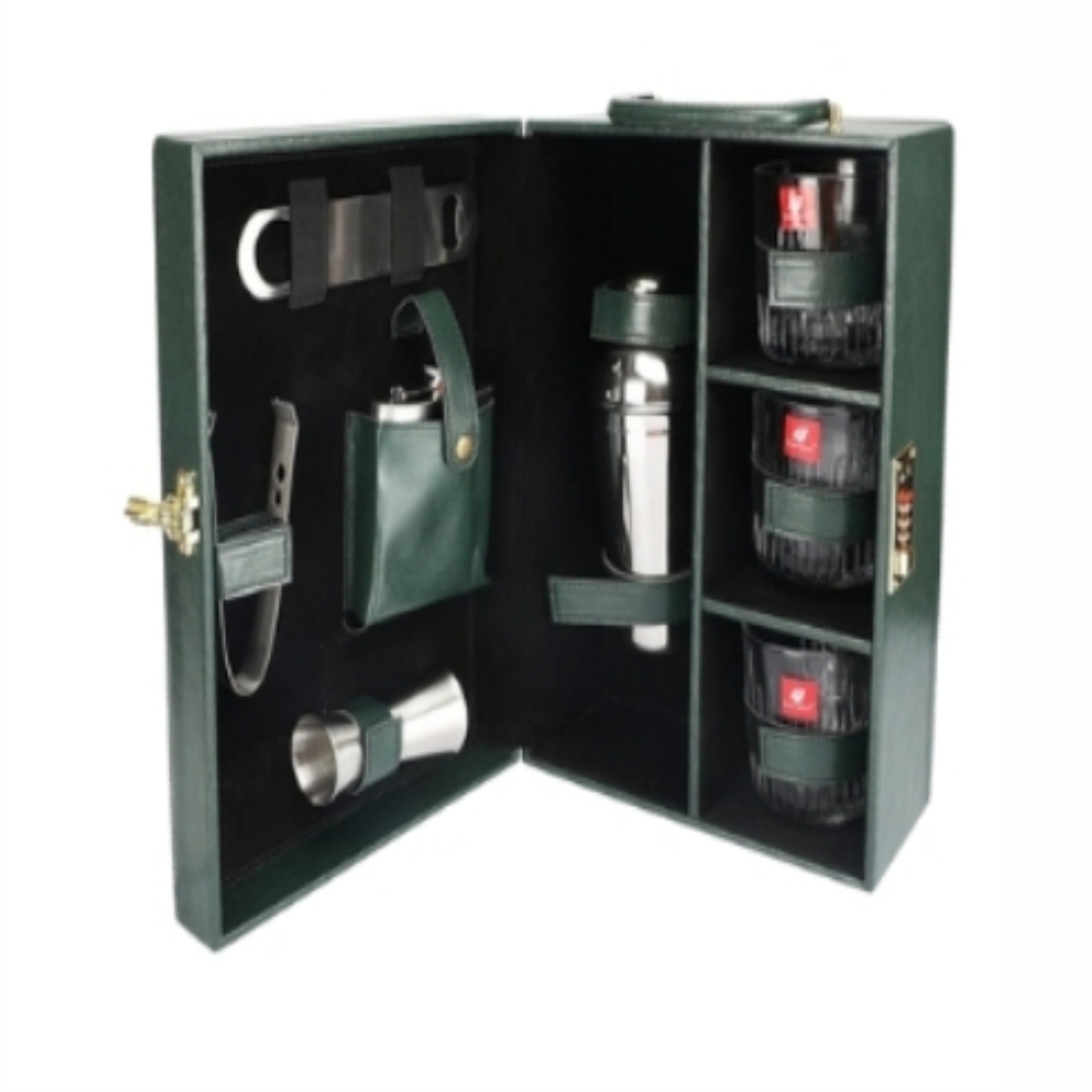 Green Leather Brief Case With 3 Glasses - Material: Stainless Steel