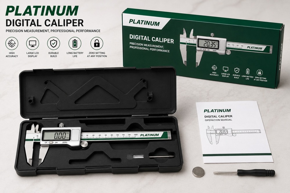Platinum Digital Vernier Caliper Stainless Steel 6 Inch 150mm Electronic Measuring Tool LCD Display Micrometer Gauge for Inside Outside Depth Measurement Precision Caliper for Engineering Jewellery