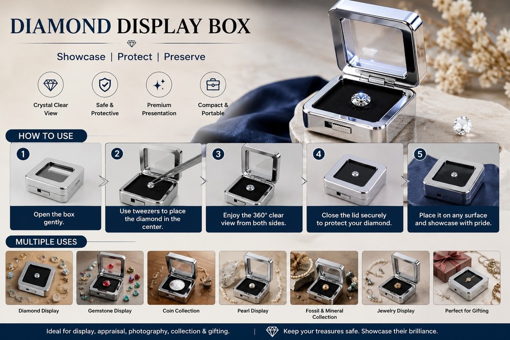 Metal Loose Diamond & Gemstone Display Storage Collection Box with Glass Top Lid, Multi-Compartment Jewelry Organizer Case for Diamonds, Precious Stones, Beads, Rings (Silver Chrome)(1.5_1.5)
