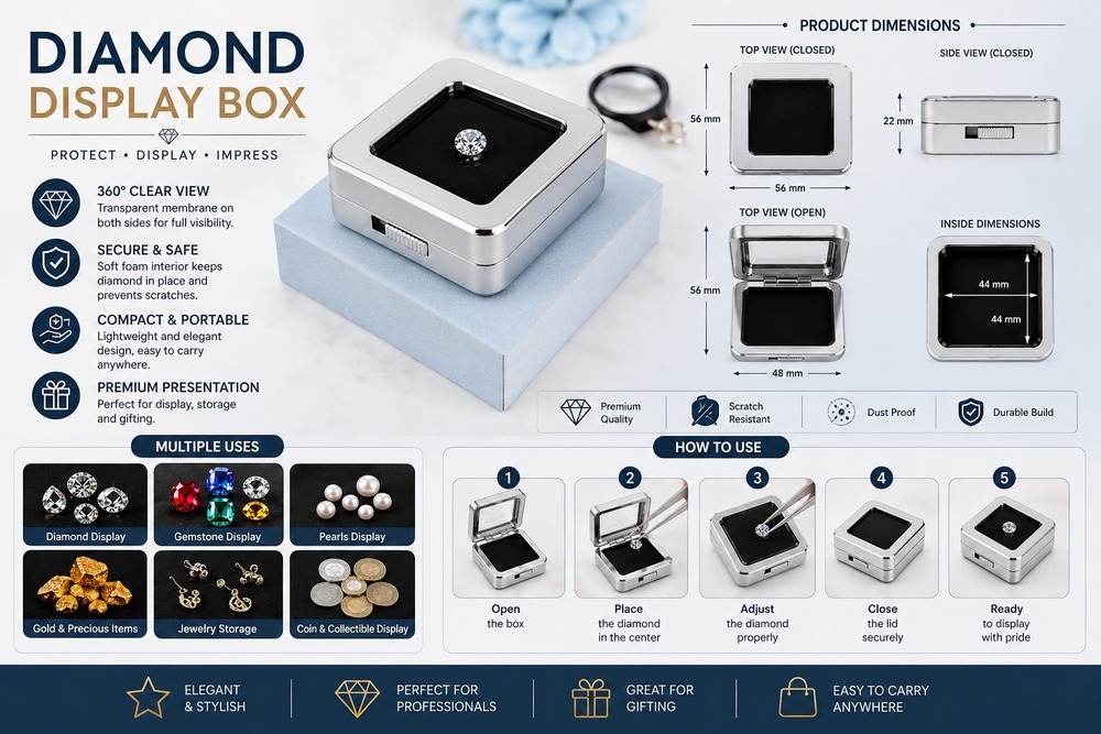 Metal Loose Diamond & Gemstone Display Storage Collection Box with Glass Top Lid, Multi-Compartment Jewelry Organizer Case for Diamonds, Precious Stones, Beads, Rings (Silver Chrome)(1.5_1.5)