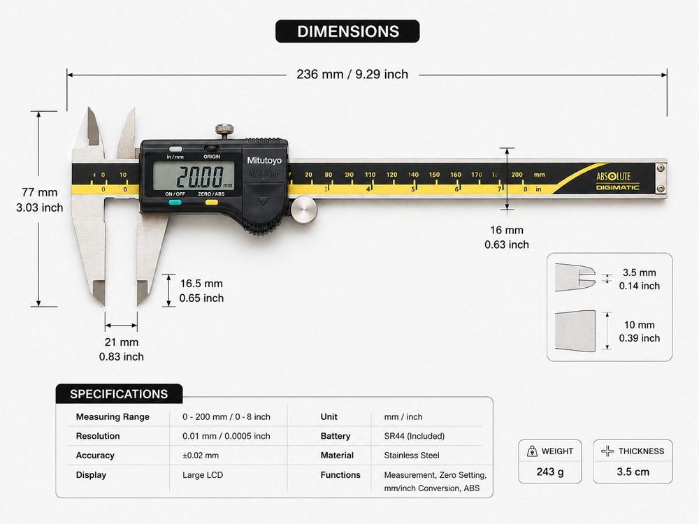 MITUTOYO Digital Caliper 200MM Advanced, Battery Powered, Inch Vernier Caliper Digital Caliper (0-200 mm)