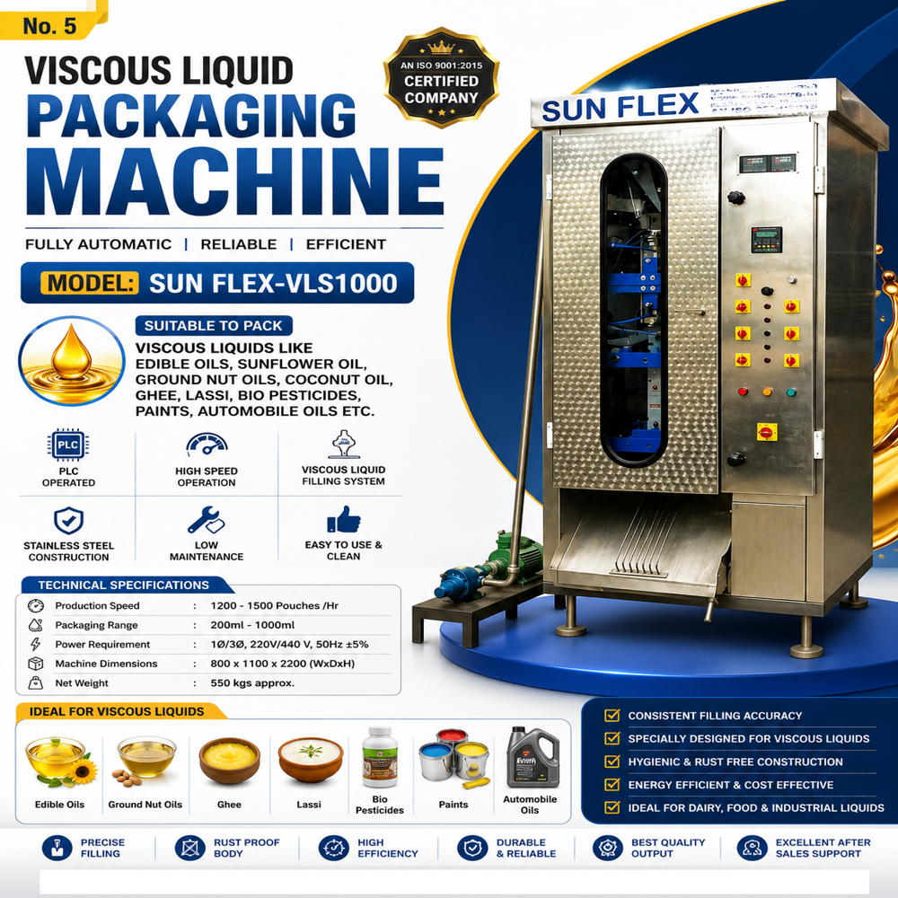 AUTOMATIC OIL POUCH PACKING MACHINE 200 -1000ML (MODEL SUNFLEX -VSL-1000 GEAR PUMP FILLING)