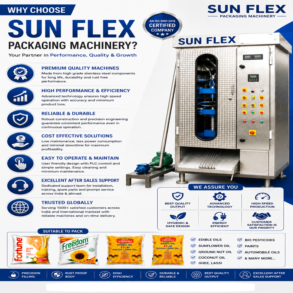 AUTOMATIC OIL POUCH PACKING MACHINE 200 -1000ML (MODEL SUNFLEX -VSL-1000 GEAR PUMP FILLING)