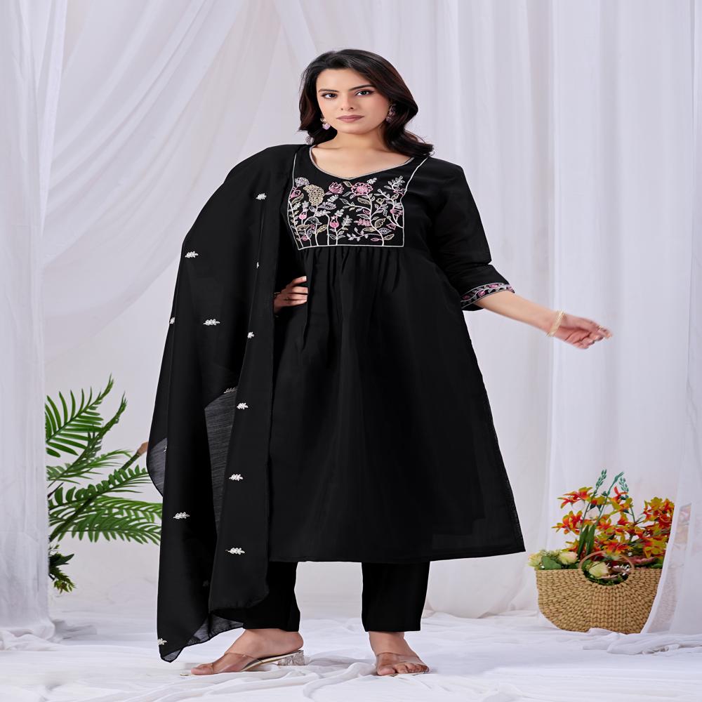 Black Embroidered Mul Cotton Kurta Pant Dupatta Set | Handwork & Floral Embroidery