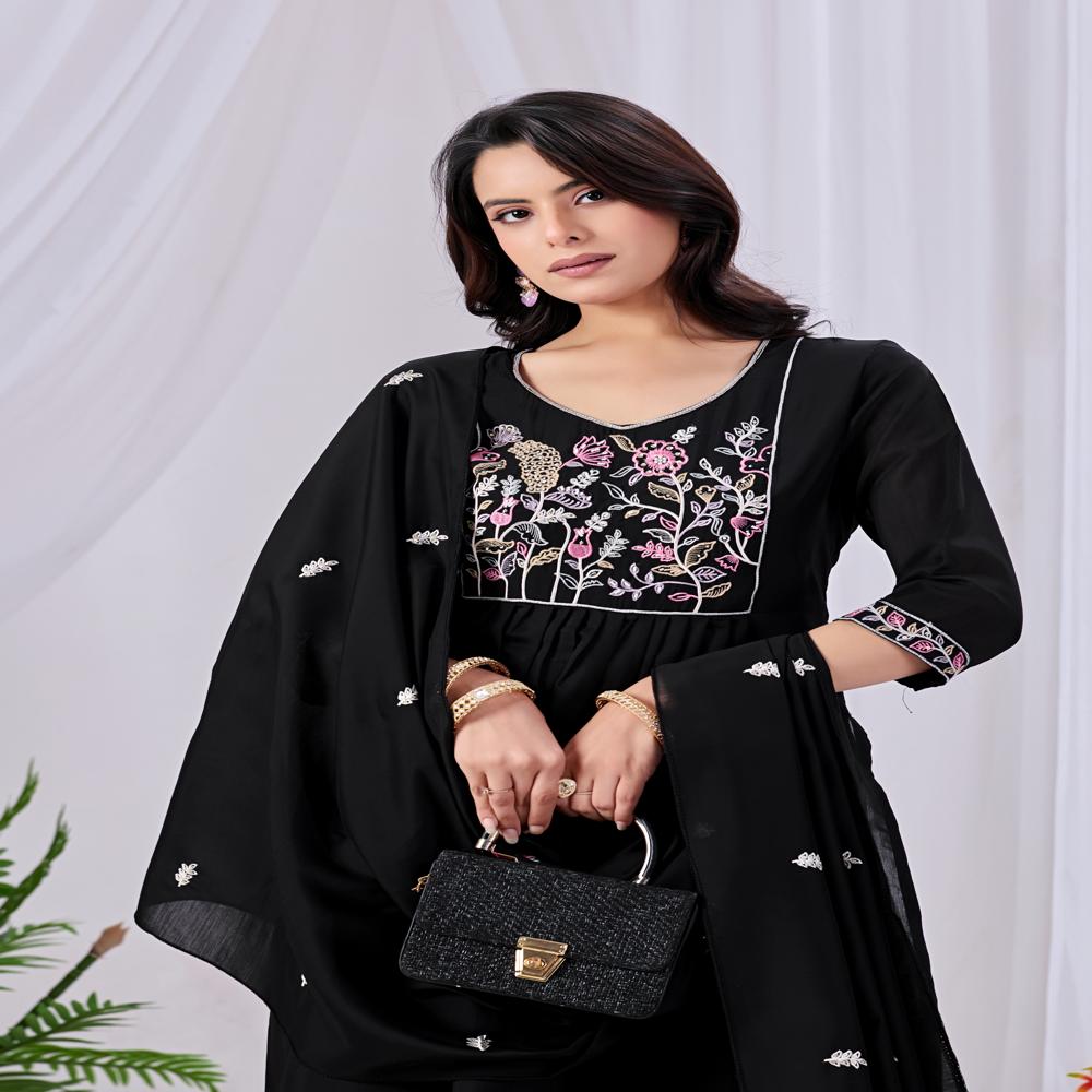 Black Embroidered Mul Cotton Kurta Pant Dupatta Set | Handwork & Floral Embroidery