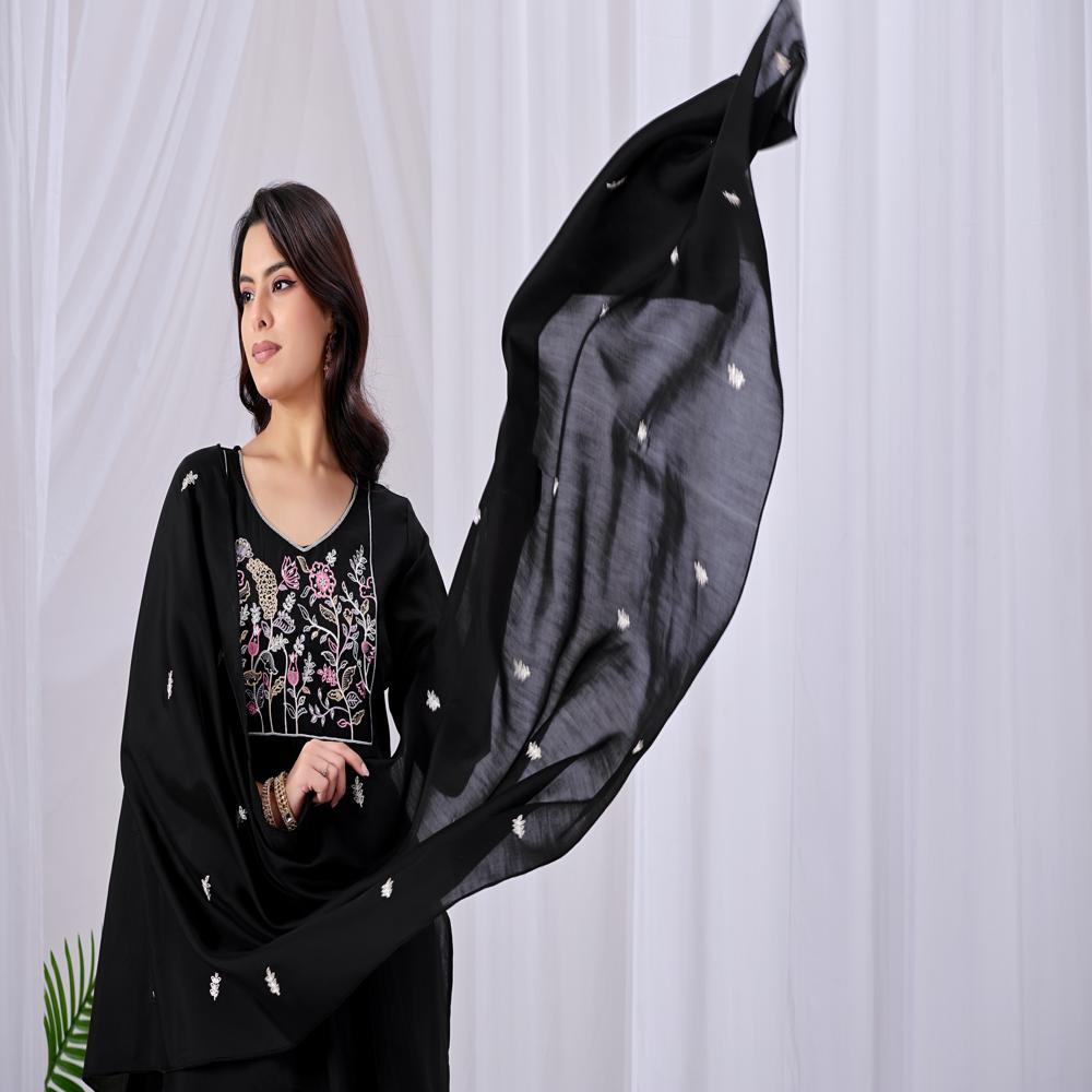 Black Embroidered Mul Cotton Kurta Pant Dupatta Set | Handwork & Floral Embroidery