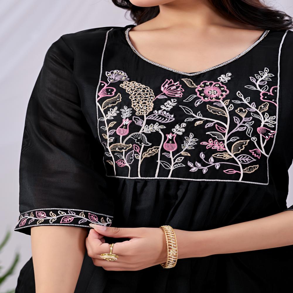 Black Embroidered Mul Cotton Kurta Pant Dupatta Set | Handwork & Floral Embroidery