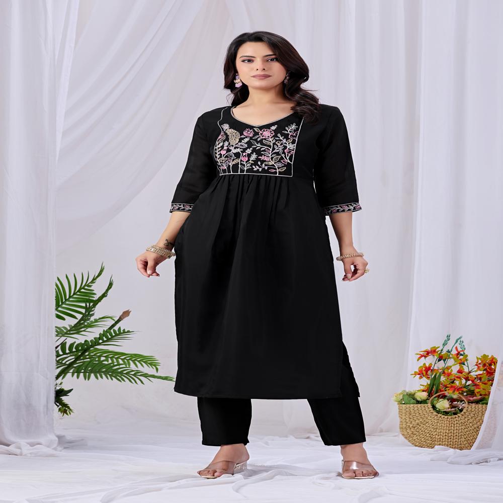 Black Embroidered Mul Cotton Kurta Pant Dupatta Set | Handwork & Floral Embroidery