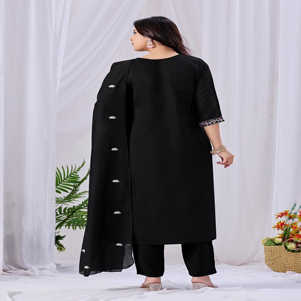 Black Embroidered Mul Cotton Kurta Pant Dupatta Set | Handwork & Floral Embroidery