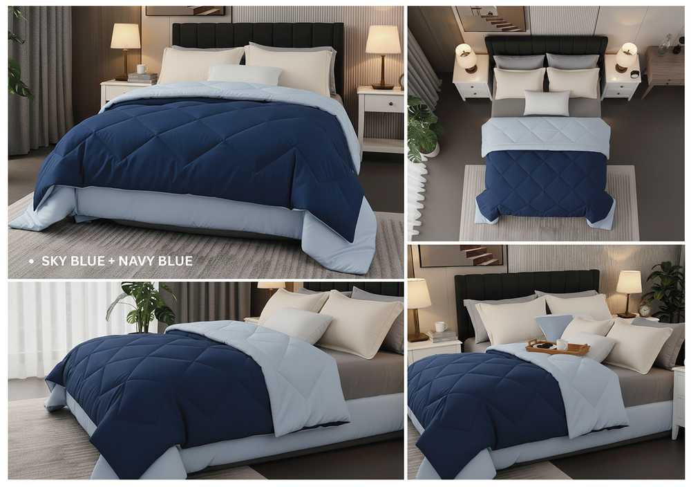 Sky And Navy Blue Solid Reversible Comforter